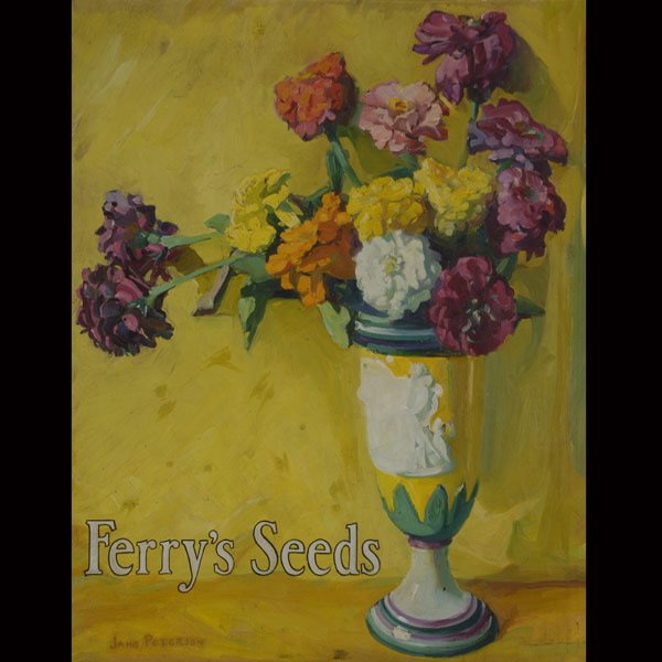 JANE PETERSON "Zinnias - Ferry's Seeds" Oil: JANE PETERSON (American 1876-1965) "Zinnias - Ferry's Seeds" Oil on canvas. 30 x 24 inches/ 76.2 x 61 centimeters. Signed lower left "Jane Peterson" Frame: 34 x 27.5 inches/ 86.4 x 69.9 centimeters. P