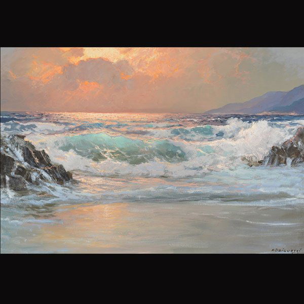 ALEXANDER DZIGURSKI "Seascape" Oil on canvas: ALEXANDER DZIGURSKI (American 1911-1995) "Seascape" Oil on canvas. 24 x 36 inches/ 61 x 91.5 centimeters. Signed lower right "A. Dzigurski" Verso: Stamp reading "Copyright reserved by Prof. Alex Dzigu