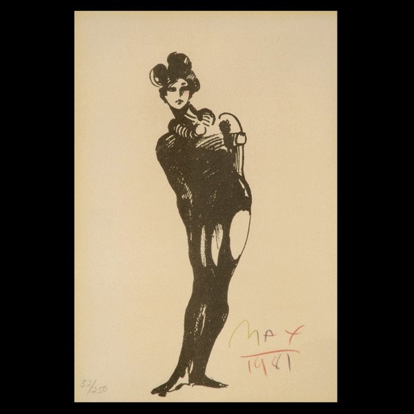 PETER MAX "Lady, 1981" Woodblock: PETER MAX (American b.1937) "Lady, 1981" Woodblock print on toned paper. Sight: 13.5 x 9.5 inches/ 34.3 x 24.2 centimeters. Signed & dated lower right "Max, 1981" Numbered lower left "52/250" Frame: 1