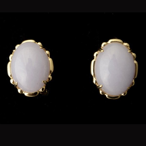 PAIR OF JADE, 14K YELLOW GOLD EARRINGS.: PAIR OF JADE, 14K YELLOW GOLD EARRINGS. Each features one oval jadeite cabochon measuring approximately 16 x 12 mm, set in a 14k yellow gold mounting. Accompanied by a Mason Kay Report #286665, dated 
