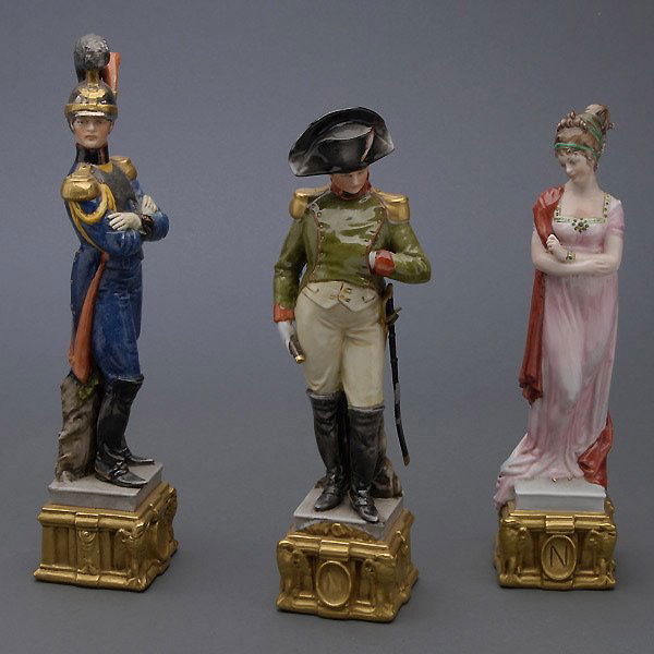 Three Porcelain Figurines of French Characters: Three Porcelain Figurines of French Characters Bearing Capodimonte Style Marks {Height of tallest 11 1/2 inches}