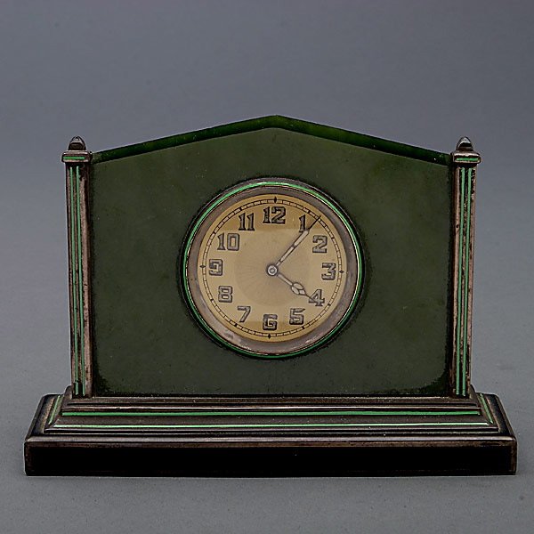 Art Deco Faux Malachite Enamel Table Clock: Art Deco Faux Malachite and Enamel Table Clock {Height 4 inches; Length 5 1/2 inches}
