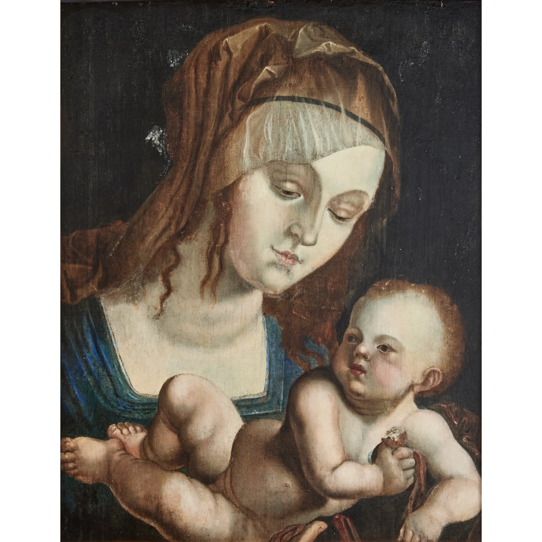 European School, Madonna and Child, oil on board: EUROPEAN SCHOOL (early 20th Century), Madonna and Child, oil on board, (approximate dimensions - board: 17-3/4 x 14-1/4 inches), unsigned. Condition: Surface dust and dirt, gloss varnish, visible inpa
