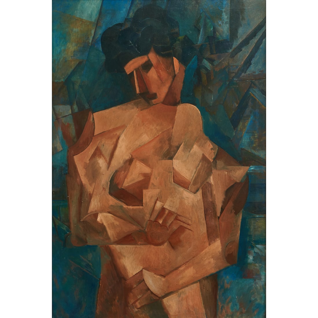 Attr. to Jean Metzinger, Cubist Nude Figures, oil: Attributed to JEAN METZINGER (French, 1883-1956), Cubist Nude Figures, oil on canvas, (approximate dimensions - canvas: 46 x 30-3/4 inches), unsigned. Condition: Canvas lined, surface dust and dirt, v