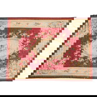 French Aubusson Carpet: French Aubusson Carpet. Belted oval medallion centering floral spray within red scrolled foliate ground, green and taupe brackets to corners; cotton backing. Mid 19th Century. {Approximate dimensions: