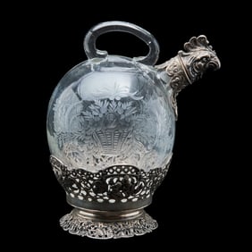 German Etched Glass Decanter with .800 Silver Mounts