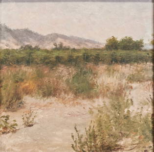 Grace Carpenter Hudson, # 2 Hopfield, oil: GRACE CARPENTER HUDSON (American, 1865-1937), "#2 Hopfield, Low Pole," oil on canvas panel, (approximate dimensions - board: 9 x 9 inches), unsigned; label verso. Condition: Surface dust and dirt, no