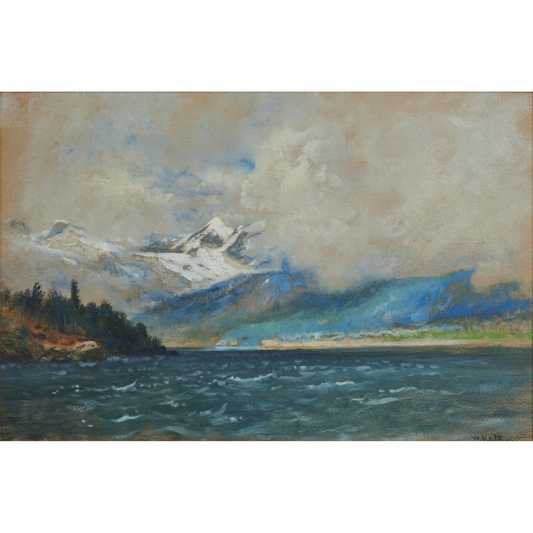 William Keith, Landscape, gouache on board: WILLIAM KEITH (American/CA, 1838-1911), Landscape, gouache on board, (approximate dimensions - sight: 23-1/4 x 15-1/4 inches, board: 24 x 16 inches), signed lower right; writing verso. Condition: Surf