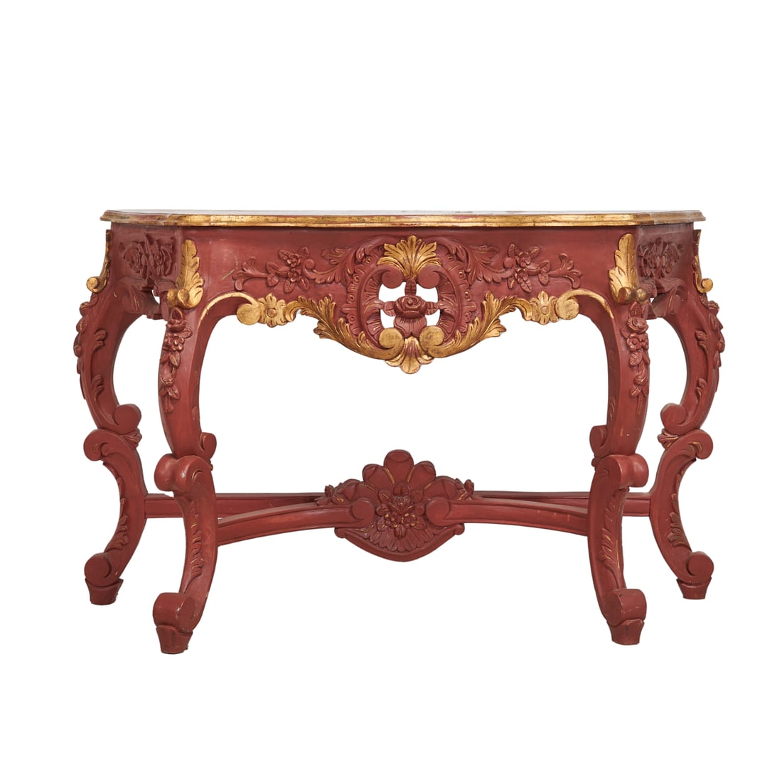 Rococo Style Painted Console Table: Rococo Style Painted Console Table. Red painted console table with parcel gilt trim. {Approximate dimensions: 32" high x 52" wide x 17" deep.}. Condition: Wear and craquelure to finish, rubbing and lo