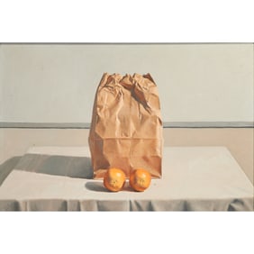 Jim Moore, Paper Bag with Two Oranges, oil on linen