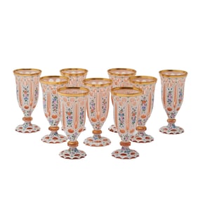 Set of Bohemian Milk to Cranberry Enameled Glasses