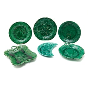 Collection of English Green Majolica Leaf Motif Dishes