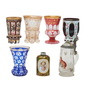 Six Continental Glass Beakers and a Tankard