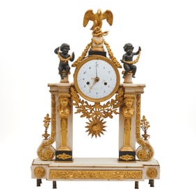 19th C. French Empire Marble and Bronze Portico Clock