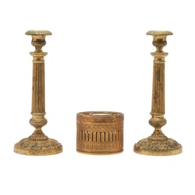 Guilloche Enamel Round Box, Pair of Candlesticks