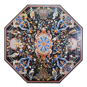 Large Octagonal Pietra Dura Pictorial Table and Base