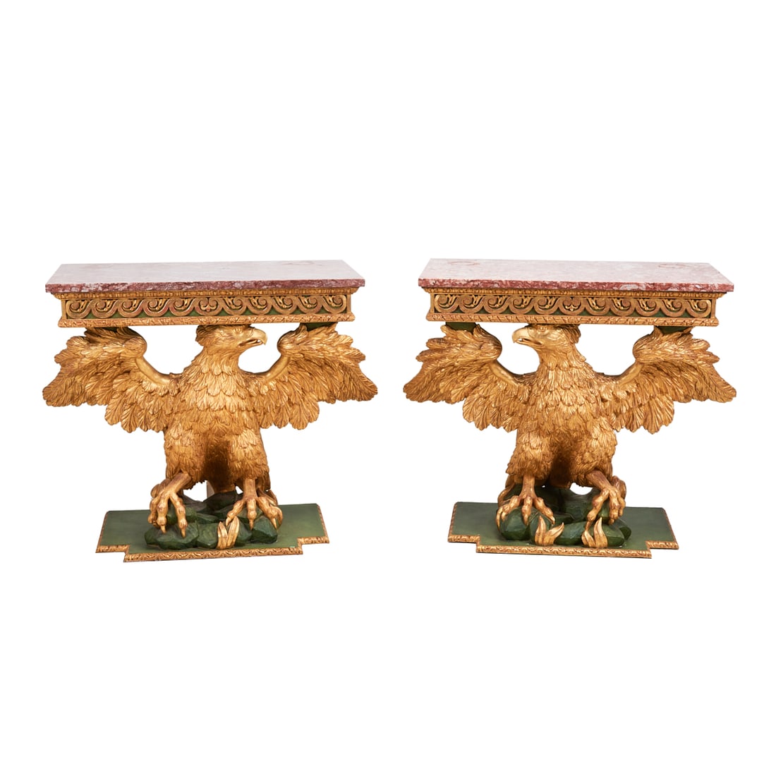Pair of Marble Top Giltwood Eagle Console Tables: Pair of Marble Top Giltwood Eagle Console Tables. After an 18th Century Neoclassical Design. Breccia veined deep pink marble topped rectangular tables, with serpentine low relief scrolls to aprons, re