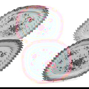 Two Chinese Export Porcelain Famille Rose Platters: Two Chinese Export Porcelain Famille Rose Platters. Rectangular with lobed and pointed form. Pink fishscale border, with stylized foliate motifs in each pointed corner, spearhead and banded design to