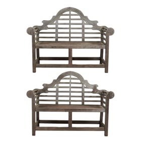 Pair of Weathered Teak Garden Benches After Lutyens