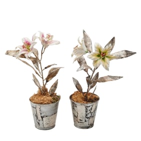 Two French Porcelain and Tole Models of Potted Lilies