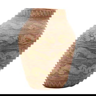 Thai Ban Chiang Pottery Vase: Thai Ban Chiang Pottery Vase. Of a vertical cocoon form extending to an short cylindrical neck, overall painted in iron red featuring horizontal bands of wavy geometric patterns between prism bands at