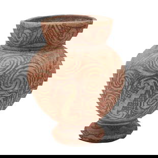 Thai Ban Chiang Pottery Vase: Thai Ban Chiang Pottery Vase. Potted with a pear shaped body above a short waisted foot, the body extending to a short cylindrical neck, overall painted with geometric shapes framed by wavy curves. {H