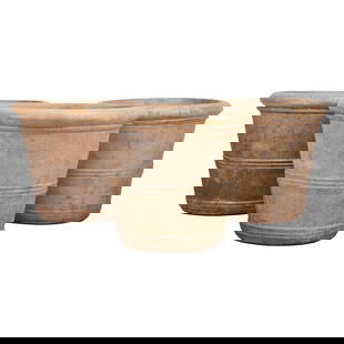 Three Large Silvestri Planters: Three Large A. Silvestri Co. Planters. Terracotta finish tapered cylindrical cement planters. Each with "A. SILVESTRI 2014 / #7087". {Approximate dimensions: 22 1/2" high x 26" diameter.}. Condition: