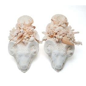 Pair of Shell Encrusted Wall Mounted Ram Heads