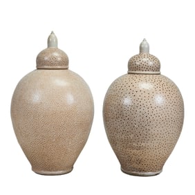 Near Pair of Daniel Johnson Stoneware Monumental Urns