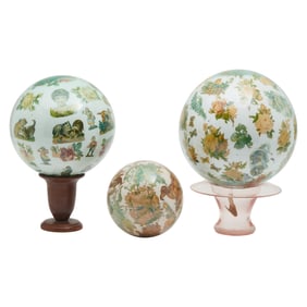 Three Victorian Potichomania Globes, Two with Stands