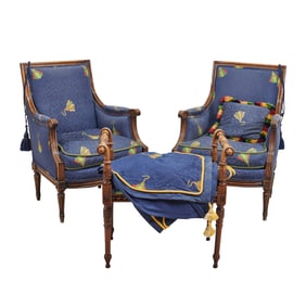 Pair Walnut Directoire Style Bergeres and Window Seat