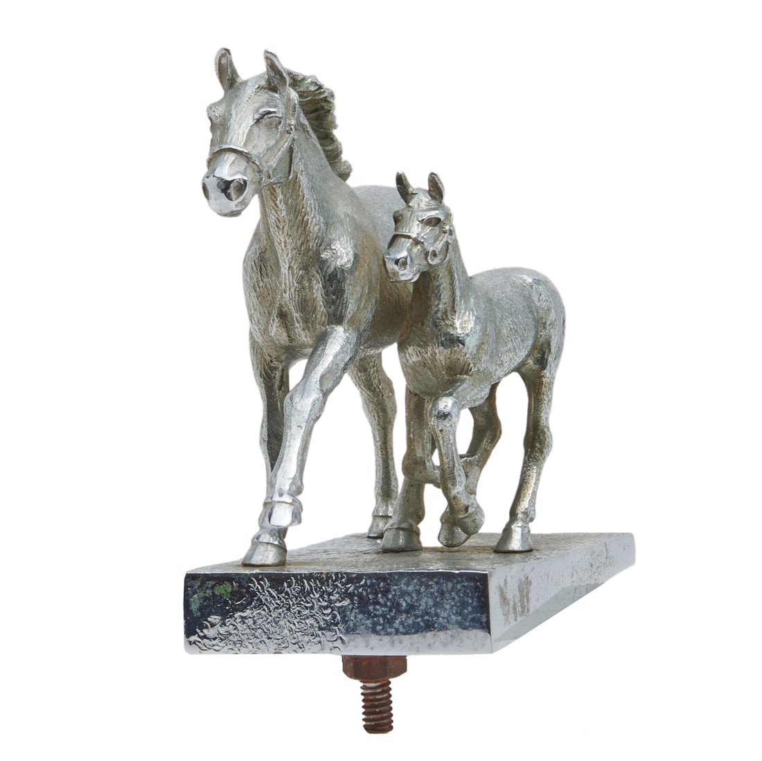 Louis Lejeune Hood Ornament, Horses: Louis Lejeune Hood Ornament, Horses. Chrome finish bronze, mare galloping alongside foal. The underside with "LL / MASCOTS / MADE IN ENGLAND". {Approximate dimensions not including bolts: 4 3/4" high 