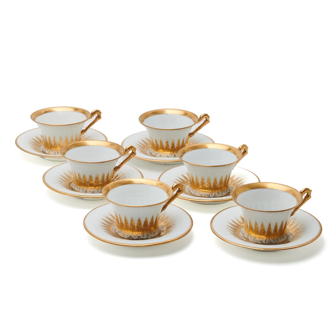 Six Klemm Dresden Porcelain Teacup and Saucer Sets: Six Richard Klemm Dresden Porcelain Teacup and Saucer Sets. Comprising six cups with flared rims, parcel gilt decoration to cups and saucers. With blue overglaze "crown over RK Dresden" marks to under