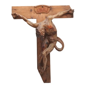 Carved and Painted Wood Christ on Crucifix