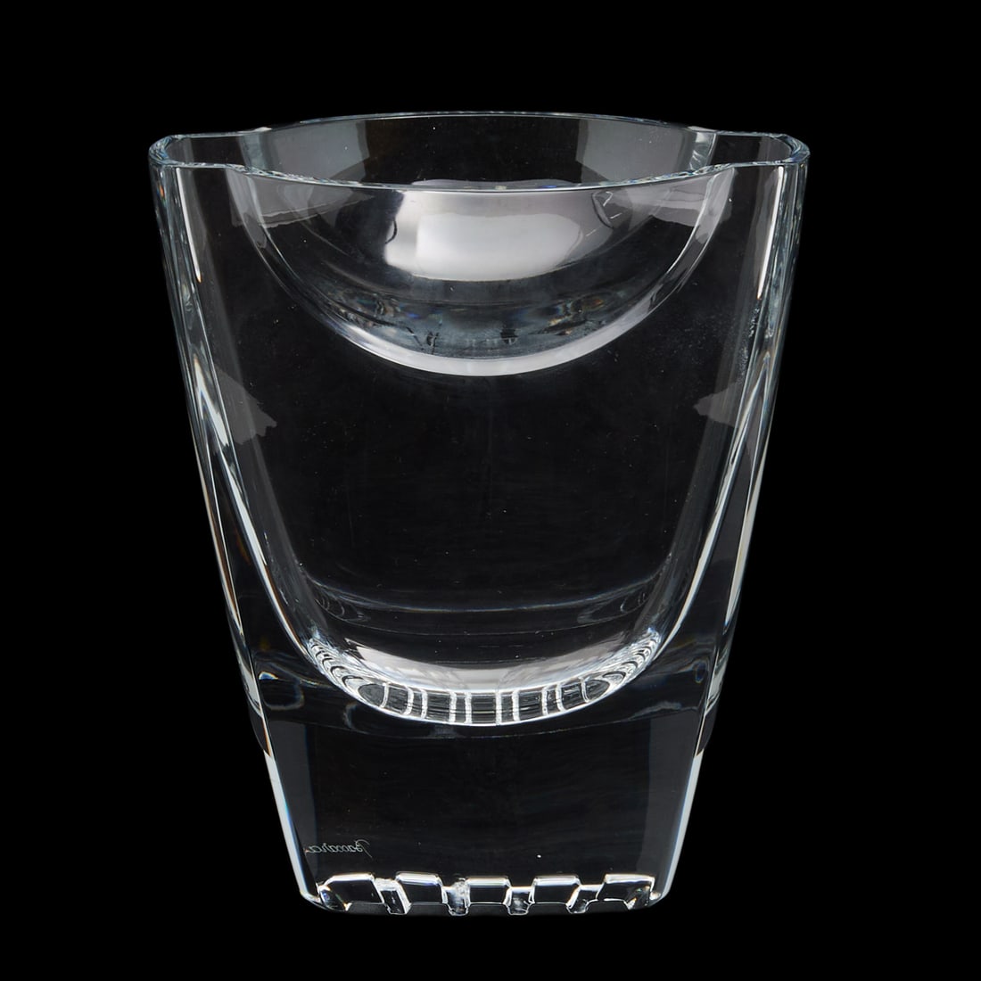Baccarat Crystal Modern Vase: Baccarat Crystal Modern Vase. With original box. Marking to underside and incised "Baccarat" to base edge. {Approximate dimensions: 9 7/8" high x 8 5/8" wide x 7 1/2" deep.}. Condition: The underside
