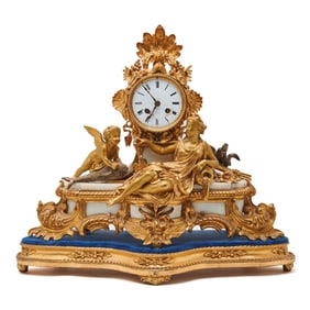 19th C. French J. Freres Bronze and Marble Mantel Clock