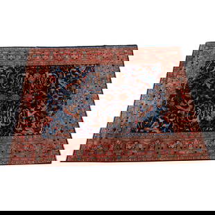 Persian Heriz Carpet: Persian Heriz Carpet. Scrolled foliate motif on dark blue ground, red main border with double band guards; woven in red, pink, blues, cream, beige. {Approximate dimensions: 11'11" x 8'11".}. Condition