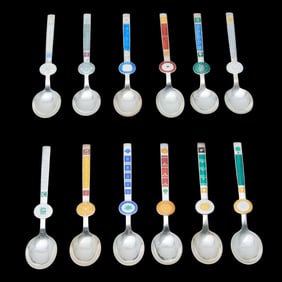 Set of 12 Michelsen Enameled Sterling Zodiac Spoons