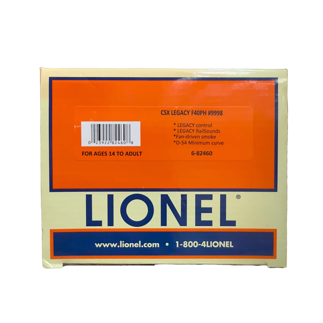 Lionel 6-82460 CSX Legacy F40PH Diesel Engine: Lionel 6-82460 CSX Legacy F40PH Diesel Engine. Condition: Light wear to box, some scuffs to underside.