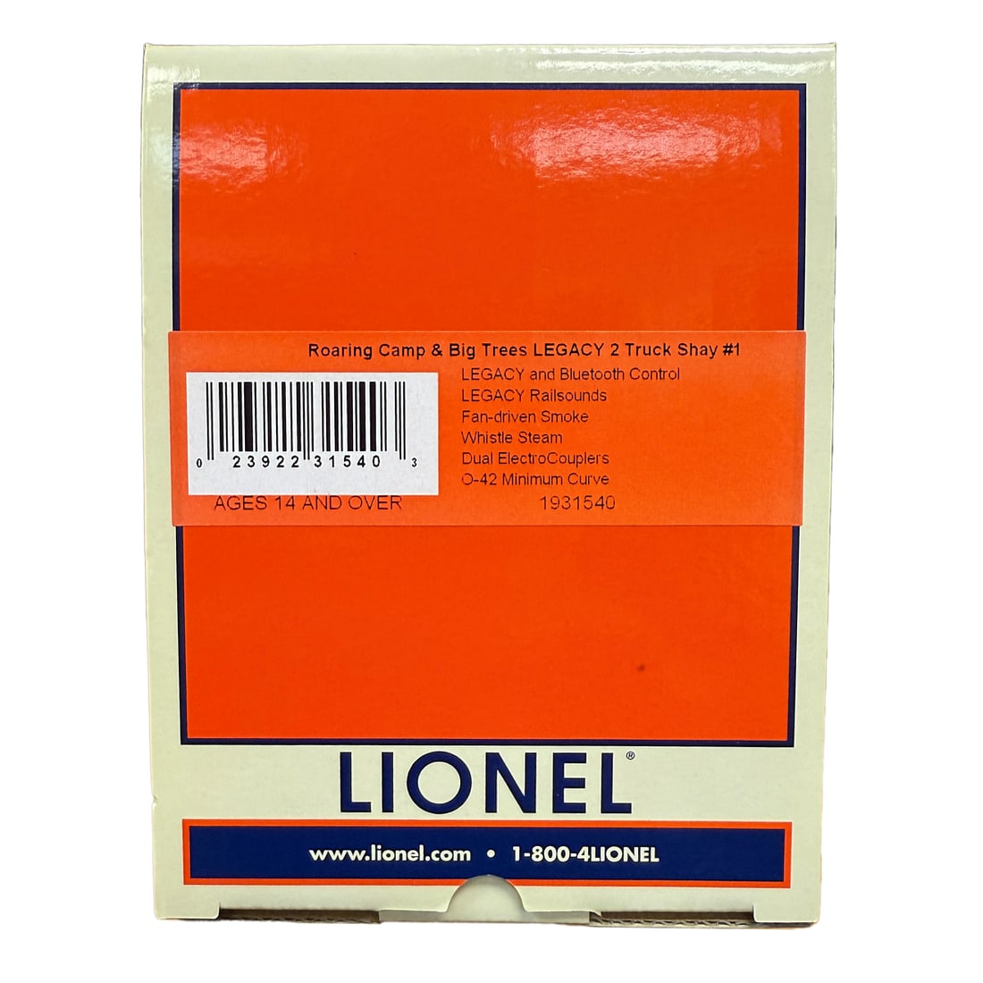 Lionel 1931540 Shay Roaring Camp and Big Tree Legacy: Lionel 1931540 Shay Roaring Camp and Big Tree Legacy. Condition: Box with very light wear, some discoloration.