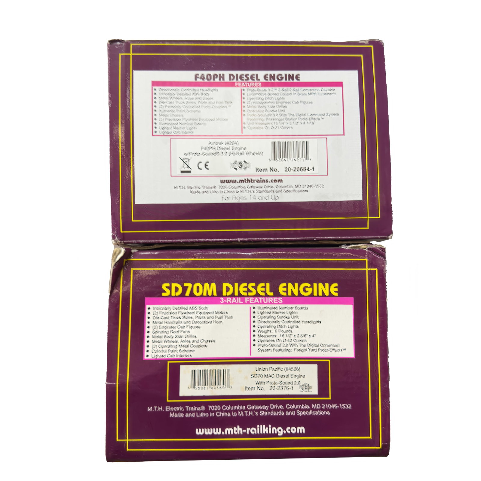 MTH 20-2376-1 and 20-20684-1 Diesel Engines: MTH 20-2376-1 Union Pacific SD70 Diesel Engine and MTH 20-20684-1 Amtrak F40PH Diesel Engine. Condition: Boxes with minor wear overall. Some deformation to ends, edges, and corners.