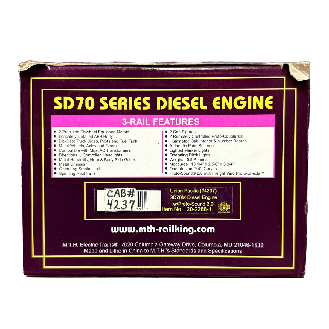 MTH 20-2288-1 SD70 Series Union Pacific Diesel Engine: MTH 20-2288-1 SD70 Series Union Pacific Diesel Engine. Condition: Minor wear to box, mainly the corners.