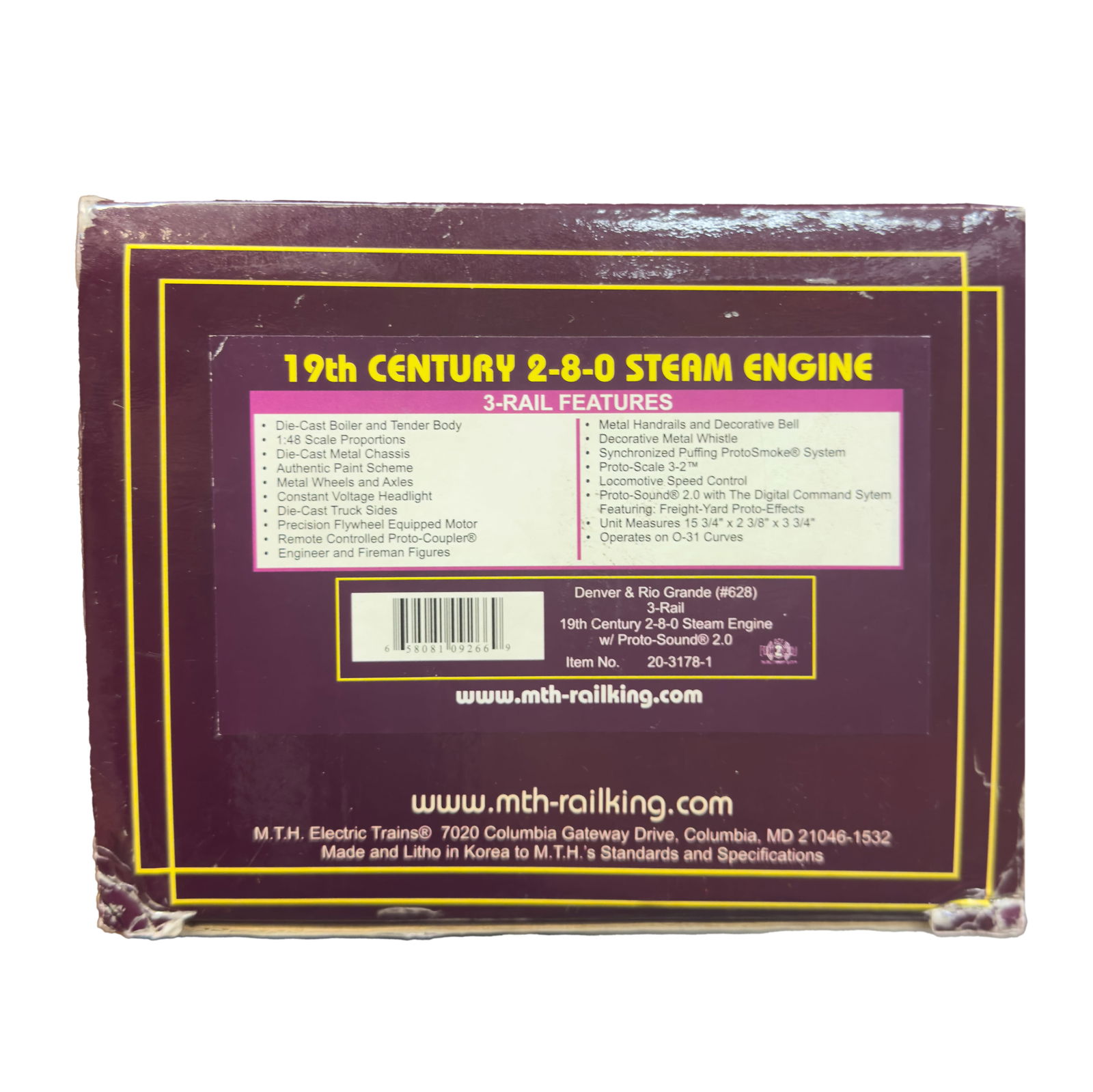 MTH 20-3178-1 19th Century 2-8-0 Steam Engine: MTH 20-3178-1 19th Century 2-8-0 Denver & Rio Grande Steam Engine. Condition: Minor wear to box, mainly corners.