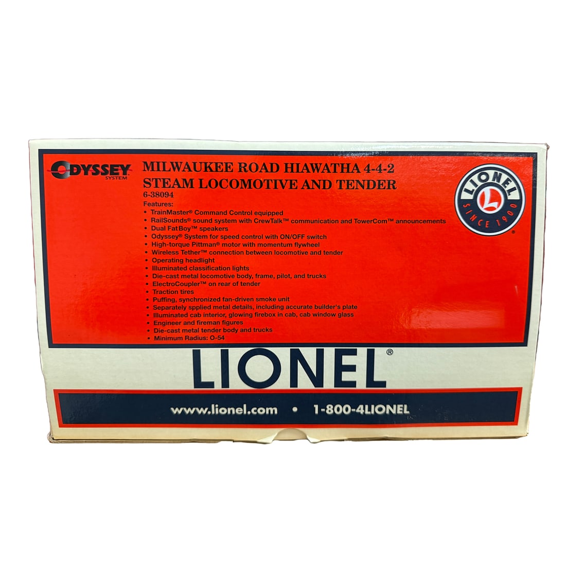 Lionel 6-38094 Milwaukee Road Hiawatha Steam Locomotive: Lionel 6-38094 Milwaukee Road Hiawatha 4-4-2 Steam Locomotive. Condition: Box with minor wear, mainly to edges. Some discoloration.