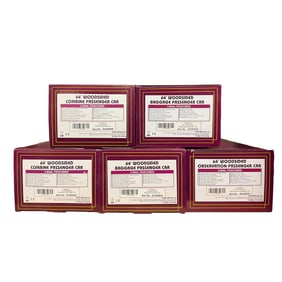 Five MTH 64 Woodsided Passenger Cars