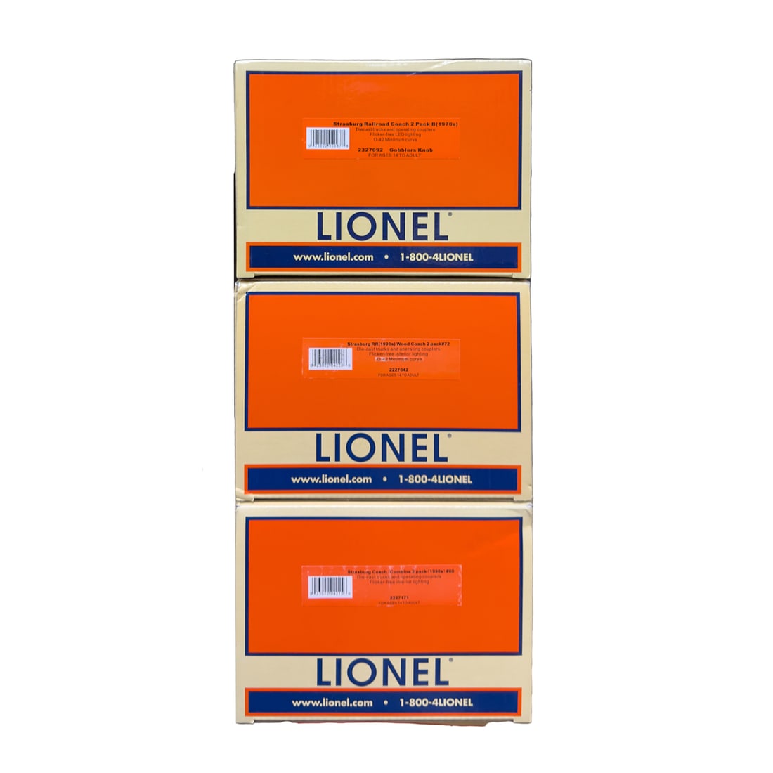 Three Lionel Strasburg Wood Coach 2 Packs: Three Lionel Strasburg Wood Coach 2 Packs. Condition: Boxes with very light wear overall, mainly to corners.