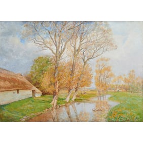 Viggio Langer, Landscape with Barn, oil on canvas
