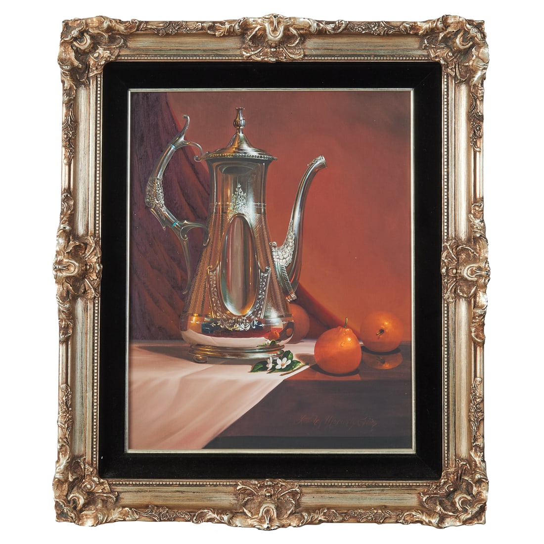 Stanley Maxwell Brice, Still Life, oil on canvas: STANLEY MAXWELL BRICE (American/CA, born 1936), Still Life (Coffee Pot and Oranges), oil on canvas, (approximate dimensions - sight: 19-5/8 x 15-1/2 inches, canvas signed lower right; dated "Aug. 1980