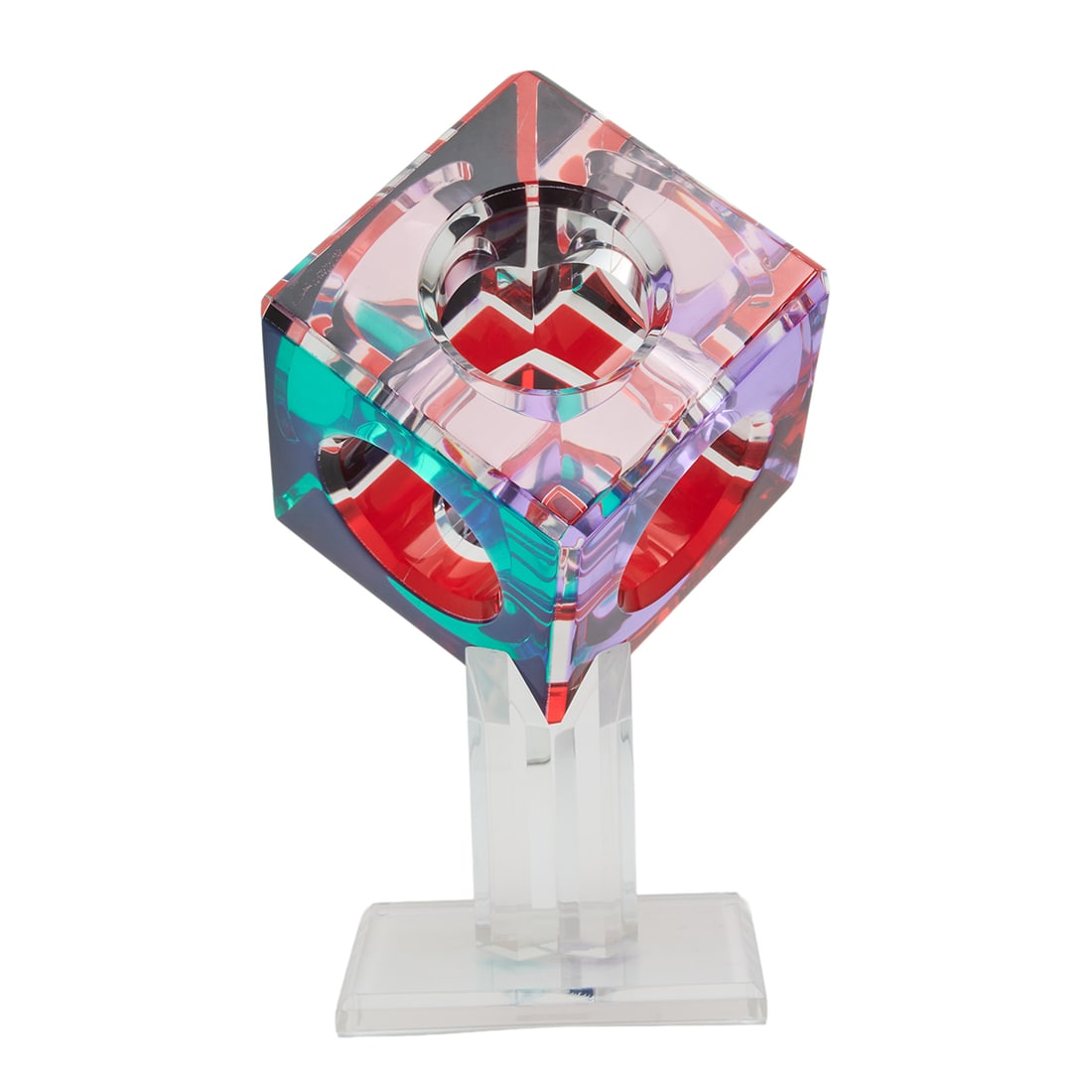 Shlomi Haziza, Cube, colored acrylic sculpture: SHLOMI HAZIZA (Israeli, 1969-2005), Cube, 1994, acrylic sculpture on pedestal, (approximate dimensions - overall: 18 H x 10-1/2 W x 11 D inches), signed and dated underneath. Condition: Sculpture sits
