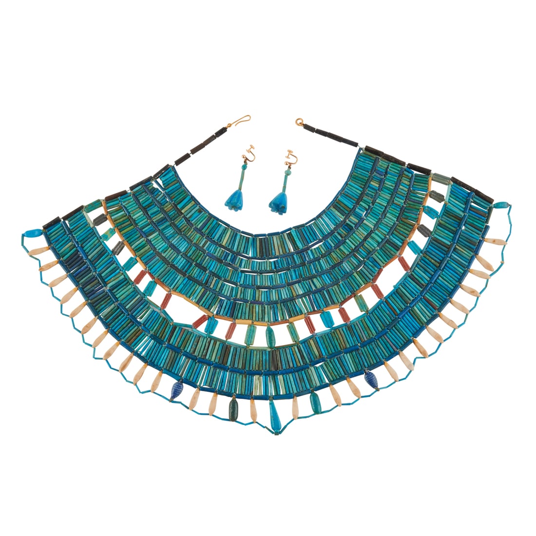 18th Dynasty Egyptian Faience Necklace with Earrings.: 18th Dynasty Egyptian Faience Necklace with Earrings. The blue white and red Egyptian faience pieces arranged in a bib motif, completed by a gold hook together with a pair of faience, gold non-pierced
